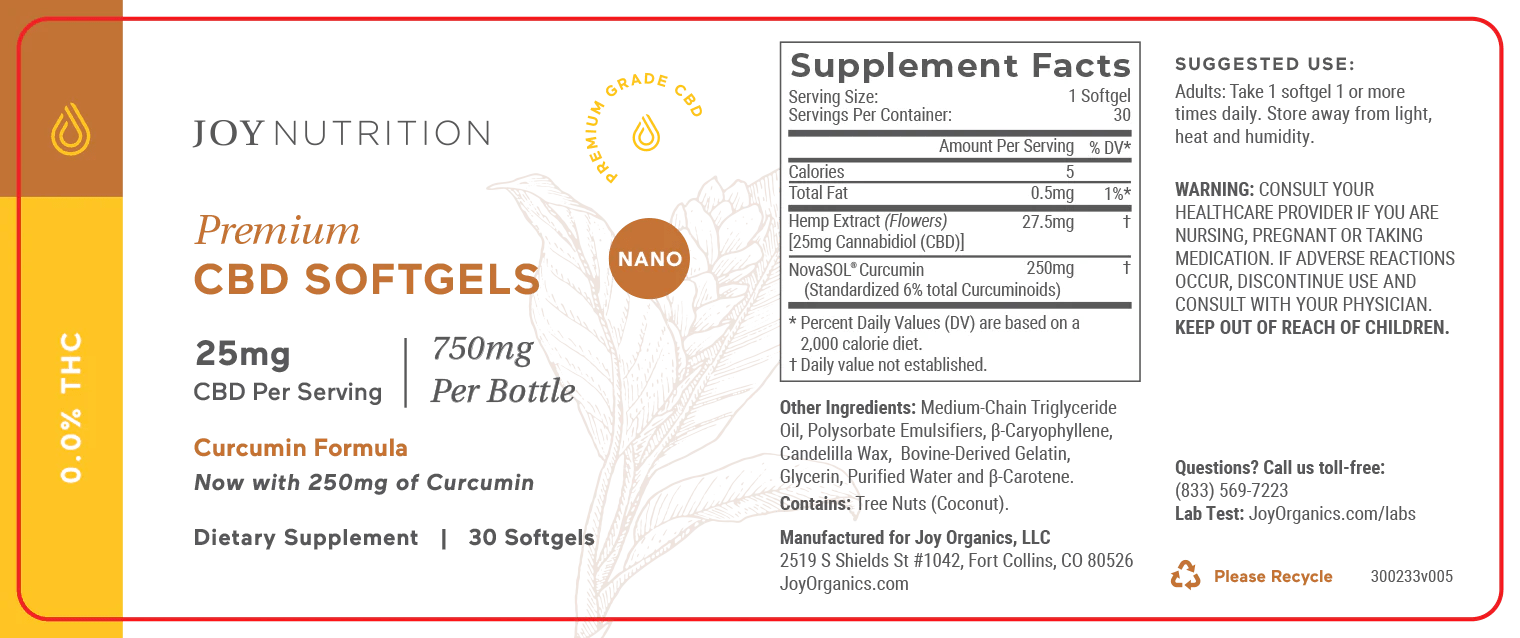 25mg CBD Nano Softgels with Curcumin - Zaza Zenn Store - Joy Organics