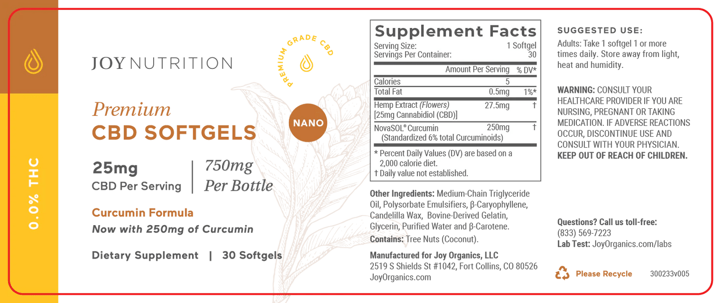 25mg CBD Nano Softgels with Curcumin - Zaza Zenn Store - Joy Organics