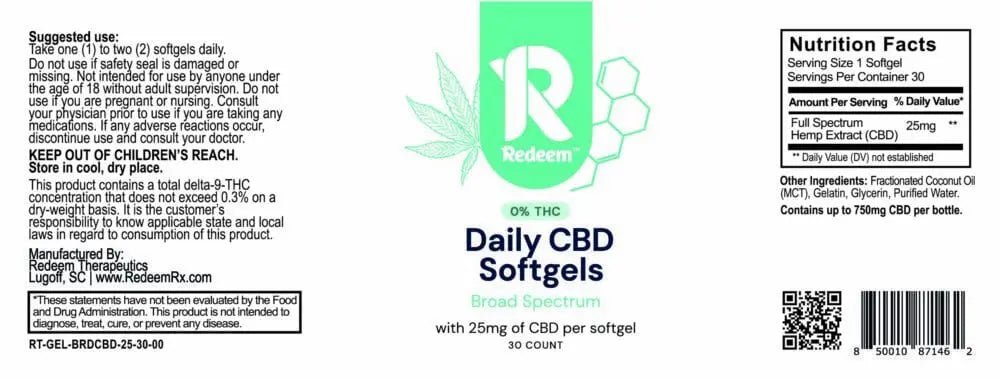 Broad - Spectrum CBD Softgels - 25mg - Zaza Zenn Store - Redeem Therapeutics